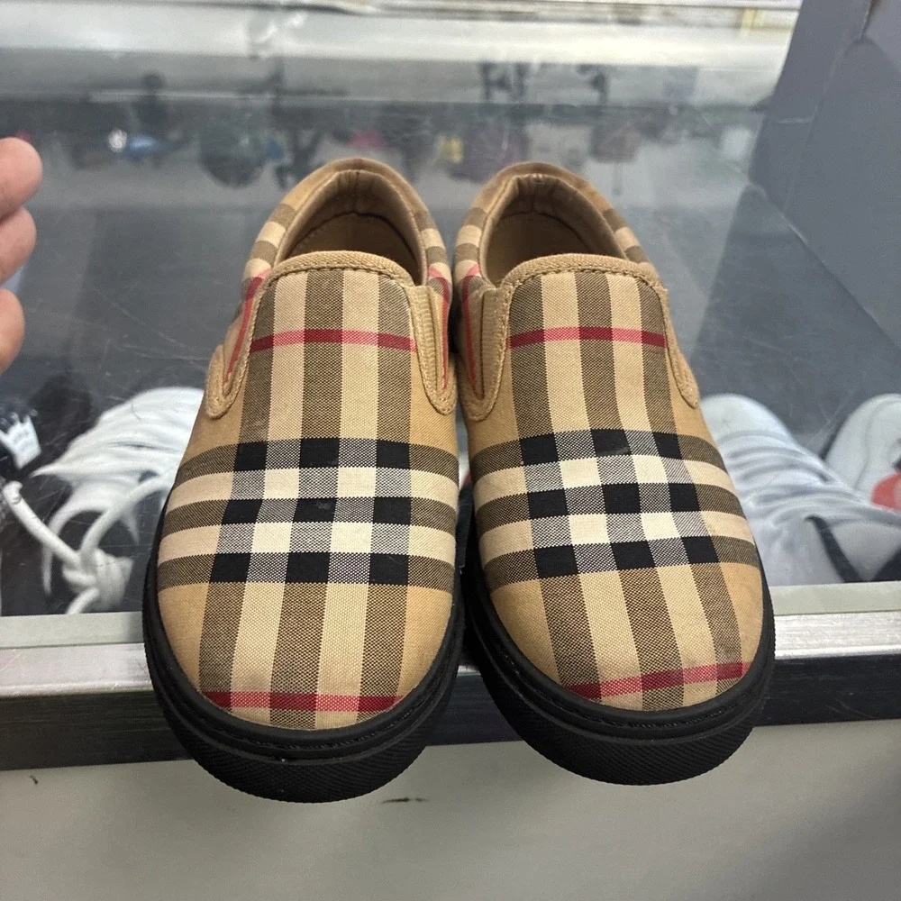 Burberry Kids Canvas Slip On Loafer Shoes Beige Check EU 27 US 10.5